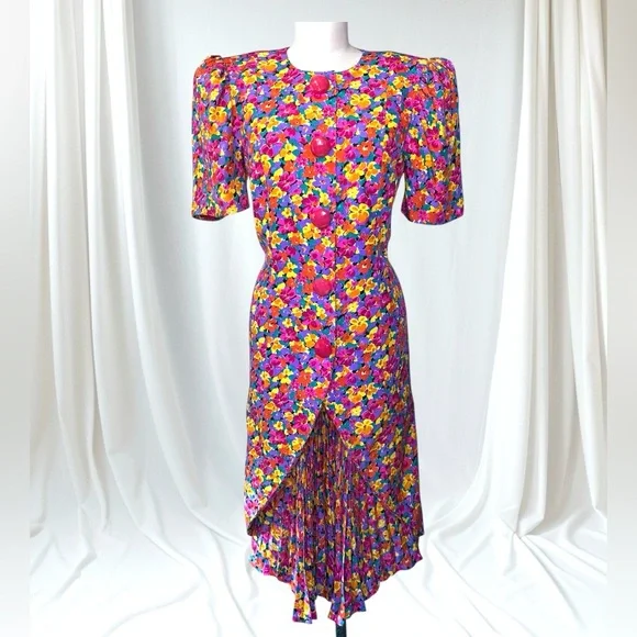 Vintage Nina Raynor 100% Silk Floral Multicolor‎ Statement Dress - Picture 11 of 13